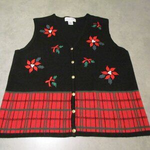 Croft and Barrow vest womens extra large red poinsettia plaid Christmas Holiday